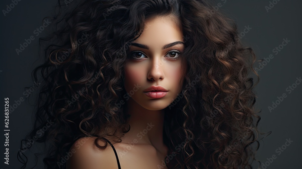 Fototapeta premium Portrait of woman, skincare and beauty cosmetics for shine, wellness or healthy glow on studio background. Happy model with curly beautiful hair smiling on gray background.