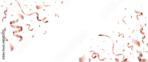 Rose gold ribbon falling from side background vector. Abstract vibrant ribbon and confetti streamers template design. Celebration festival wallpaper design for opening, party, birthday, backdrop.