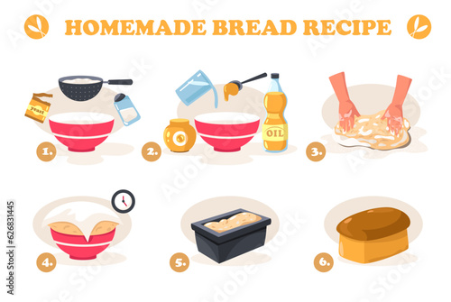 Bread recipe. Cartoon dough with ingredients kneading, homemade baking flatbread dough with yeast preparation cooking culinary concept. Vector illustration