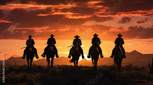 Obraz na plátně The silhouette of five riders with rifles gallops on horseback against the backdrop of a sunset on the prairie