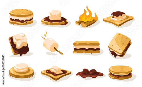 Smore set. Cartoon crispy roasted marshmallow sweet snack, yummy dessert with chocolate cookie mascots, summer campfire snack. Vector isolated collection