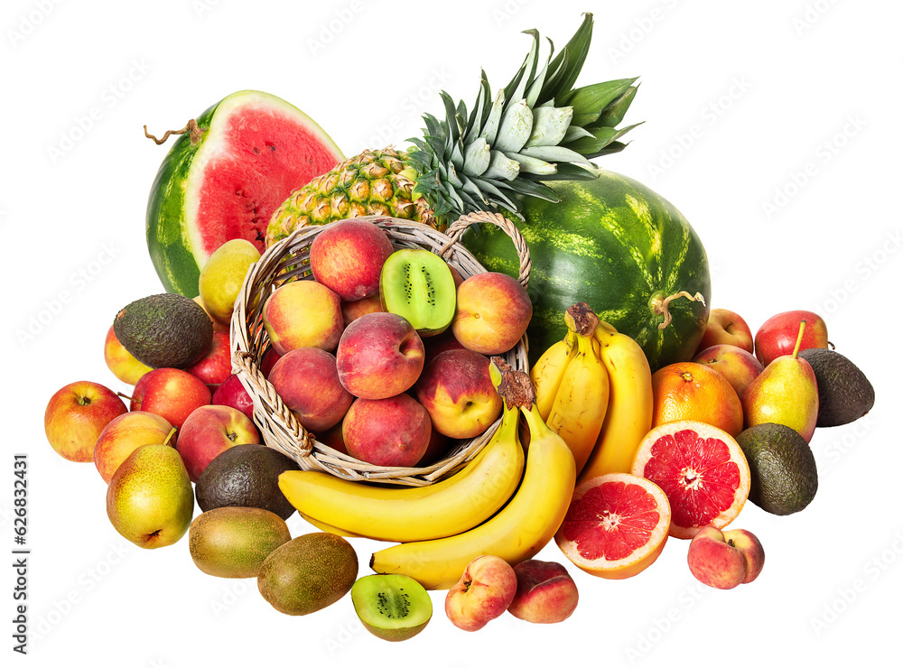 PNG, Still life of tropical fruits. Pineapple, watermelon, pears, apples, peaches, grapefruit, kiwi, pears, avocados. Isolate