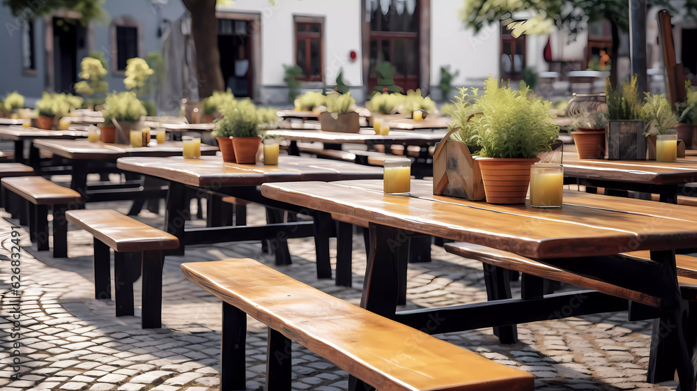 Wooden benches and tables restaurant background. Generative ai design.