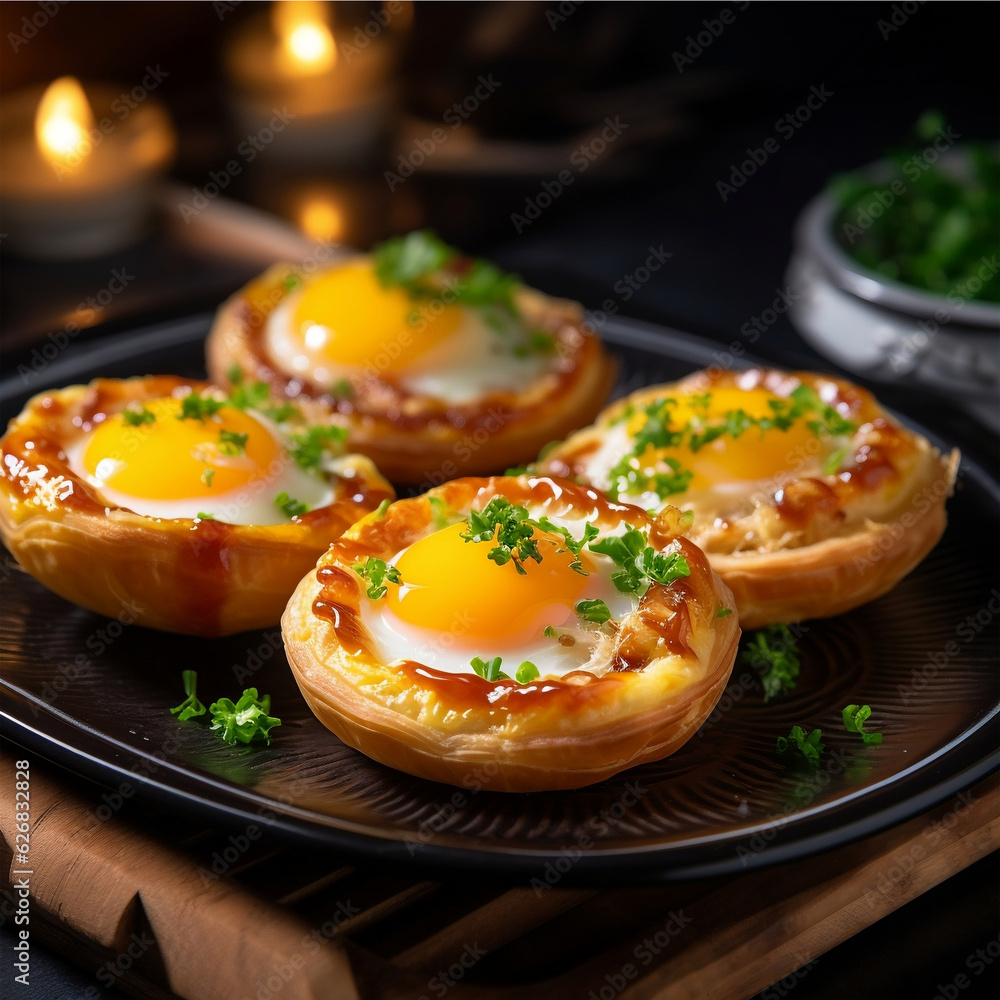 mouthwatering egg tarts served on a grilled plate. AI Generated Images mouthwatering egg tarts served on a grilled plate. AI Generated Images