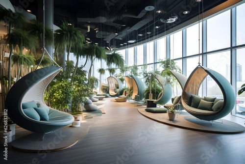 A calming photo of an open space office, showing a relaxation zone complete with cozy sofas and indoor plants. 
It advocates for employee well-being and work-life balance. photo