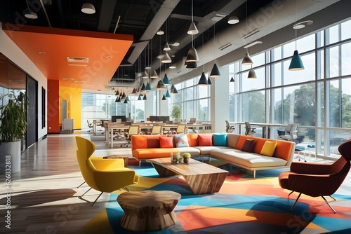 A vibrant photo capturing a modern open space office filled with colorful furniture.  The energetic colors stimulate creativity and encourage a positive work atmosphere.