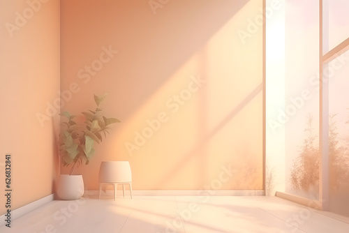 3d rendering of a pastel beige wall background, sunset lighting. Generative AI