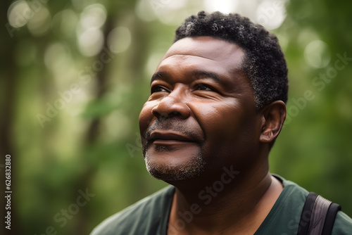 A middle-aged African American man walking with an air of tranquility, his face radiating inner peace and contentment. Generative AI
