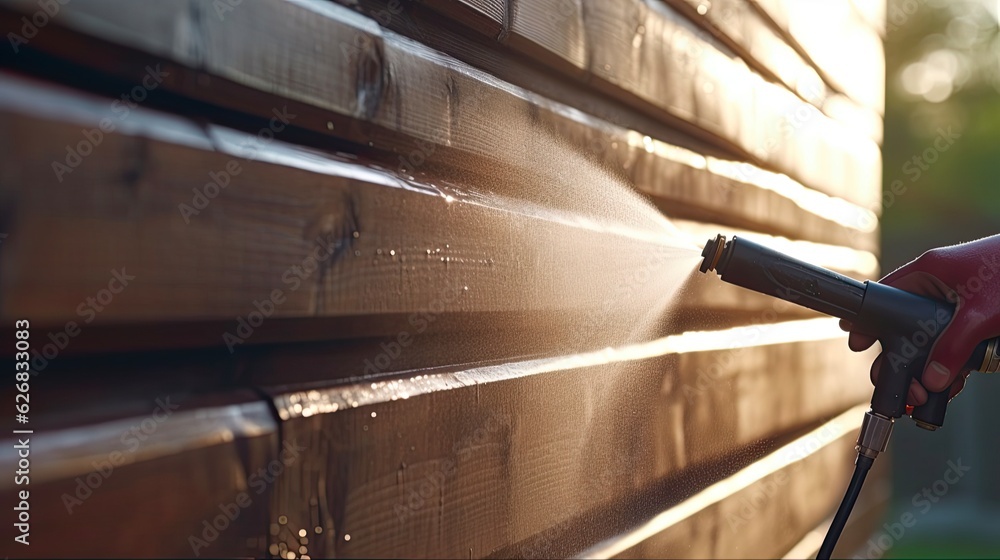 Siding Cleaning with High-Pressure Water Jet - Professional Cleaner for Backyard, Business, and Construction Buildings: Generative AI - obrazy, fototapety, plakaty 