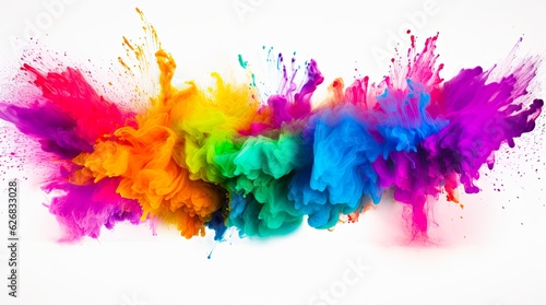 Colourful Rainbow Holi Celebration. Paint and Powder Explosion Isolated on White Wide Panorama Background. Generative AI