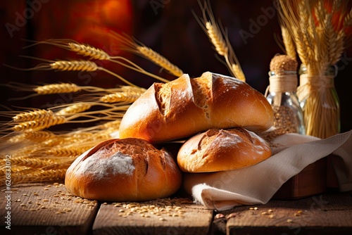 Fresh Baked Bread Loaf. Heap of Delicious Wheat Bread on Rustic Wooden Background. Perfect for Bakery and Breakfast Concepts. Generative AI