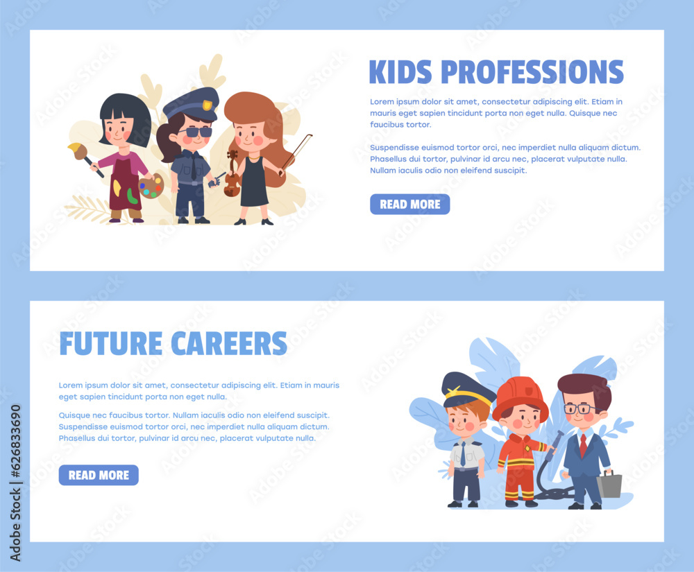 Future careers and professions for kids, web banners set, flat vector illustration. Future careers and professions for kids, web banners set, flat vector illustration.
