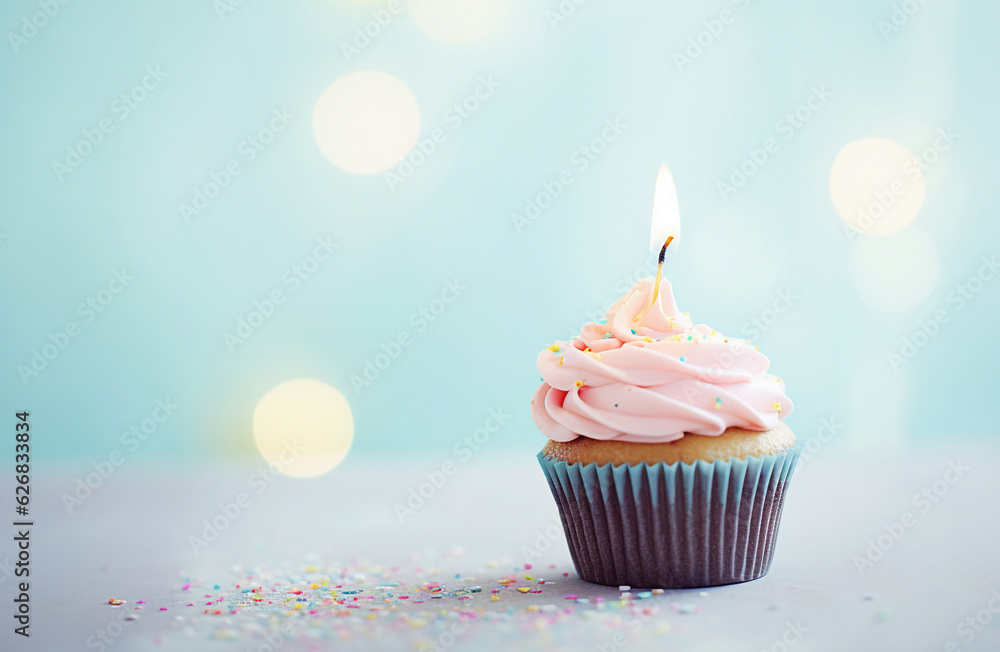  Birthday cupcake with candle, light pastel background