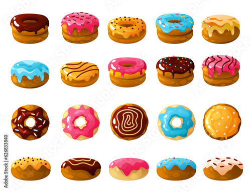 Donuts collection. Sweet doughnut pastry with sprinkles, glaze and frosting, colorful sweet pastry dessert for bakery cafe menu design. Vector set