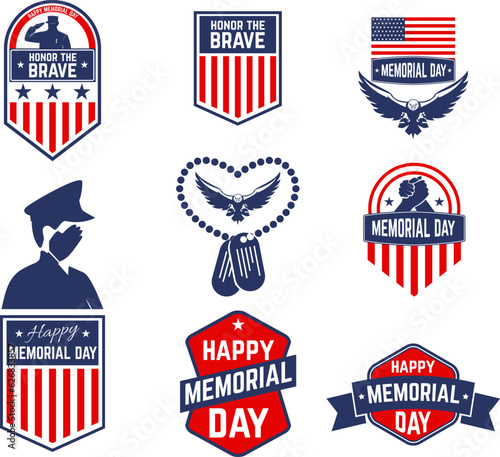 Set of Happy Memorial Day vector greeting card ,badge and labels. Design element in vector.