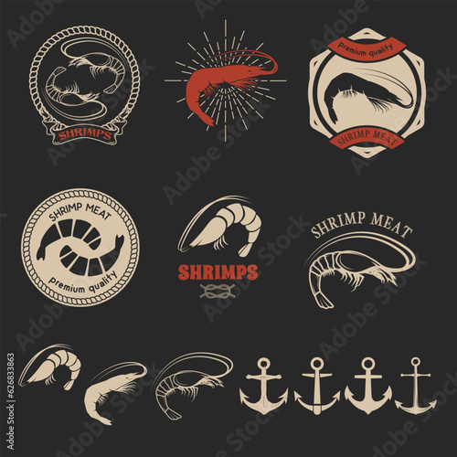 Set of shrimps meat labels. Shrimps icons. Shrimps meat labels, emblems, badges and design elements. Vector design element.