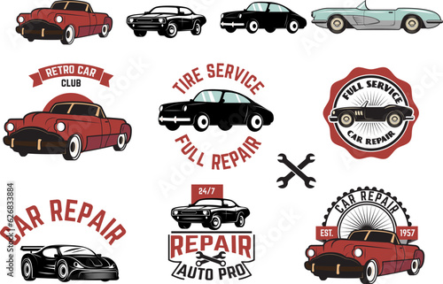 Set of Car repair service labels. Retro vector design graphic element, emblem, logo, insignia, sign, identity, logotype, poster. Vector design elements.