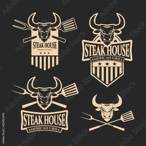 Set of steak house emblems templates. Grill. Barbecue and grill labels, badges, logos and emblems. Steak house restaurant menu design elements