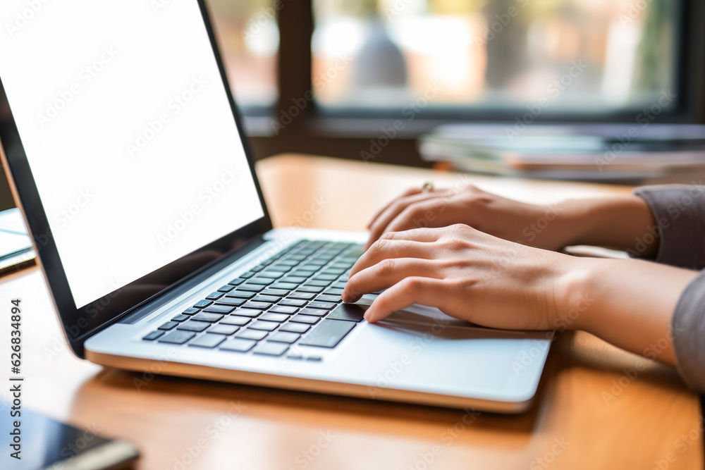 hands working on computer keyboard in office, blurred background, Generative AI hands working on computer keyboard in office, blurred background, Generative AI