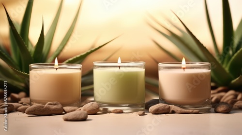Spa concept. Candles on a blurred background. Decor from natural stems of aloe