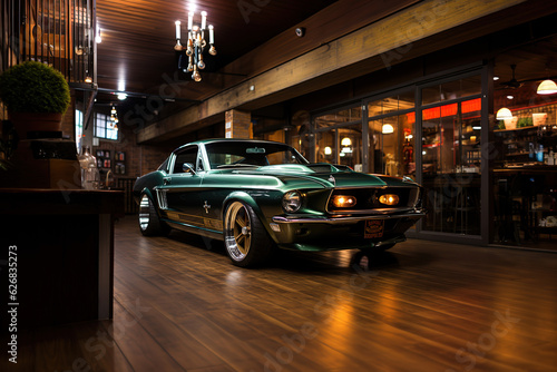 Green Ford Mustang Sports Car in the old garage, ai art