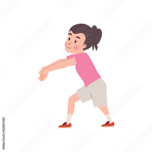 Cartoon brunette girl volleyball player in sportswear stretched out arms to hit the ball, sport game vector illustration