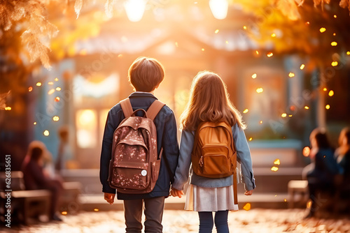 Vista trasera de dos niños de la mano con mochila escolar caminando hacia la vuelta del colegio. Concepto de educación y regreso a la escuela.