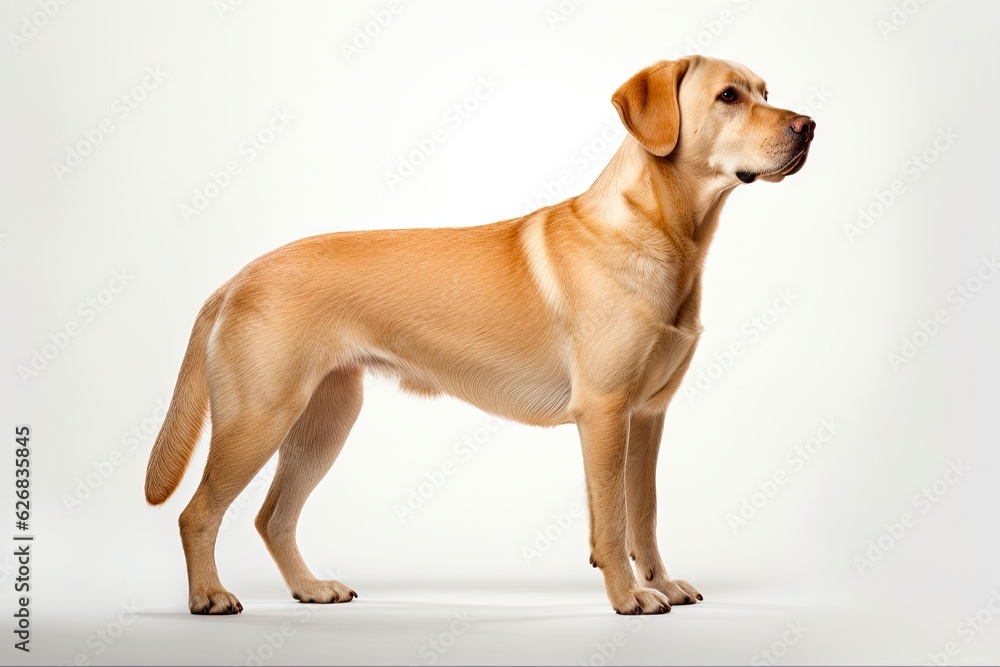 Purebred Labrador Dog Profile Portrait. Cute Standing Pet Animal Isolated on White Studio Background. Generative AI Purebred Labrador Dog Profile Portrait. Cute Standing Pet Animal Isolated on White Studio Background. Generative AI