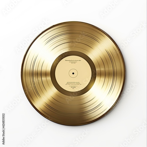 Realistic Gold Vinyl Record for Melody Lovers. Isolated LP Plate on White Background for Disco and Popular Music. Gramophone Media for True Sound. Generative AI