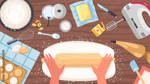 Baking table top view. Measuring spoon, wooden chopping board, rolling pin, bread knife, bowl and cup. Flat design food tools for baking cartoon style vector illustration
