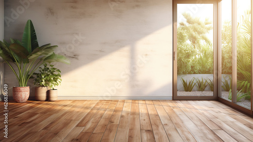 Empty room of modern contemporary loft with plants on wooden floor. Generative AI