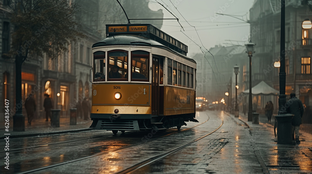 Fototapeta premium tram driving down city street as people look melbourne picture Ai generated art