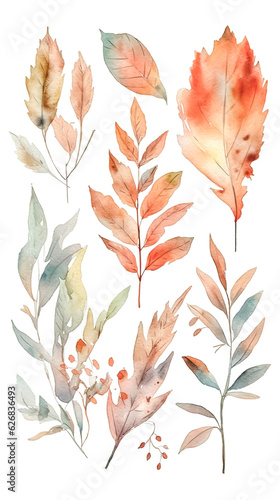 Autumn leaves painted with watercolors, generative AI.