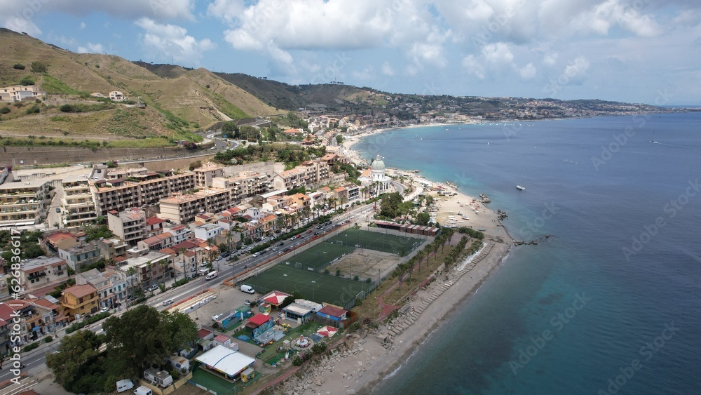 Messina beach in Sicily panoramic drone view