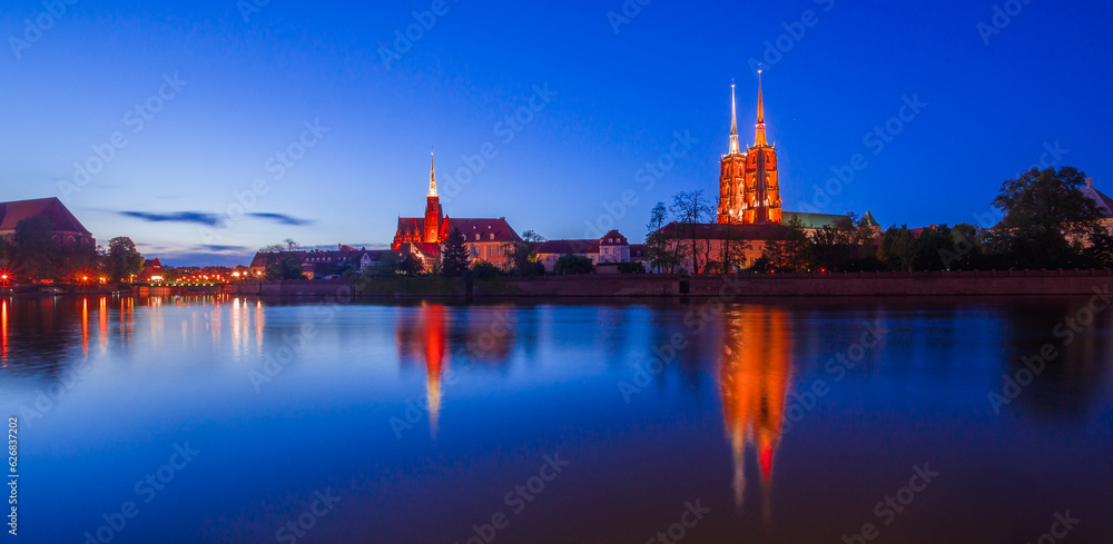 Panorama of Ostrow Tumski after sunset Wroclaw Poland