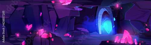 Cartoon cave with pink crystals on stone walls. Vector illustration of underground mine, blue fog glowing in arch door, strange haunted place full of treasure gemstones, adventure game background