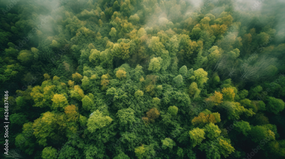 Aerial view of dense green forest in morning fog. Top view