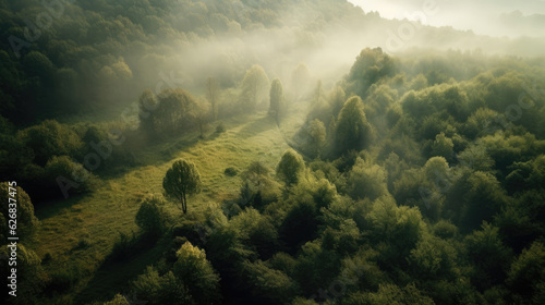 Aerial view of foggy forest with trees in the morning.