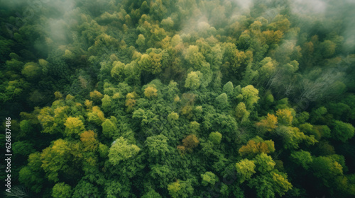 Aerial view of dense green forest in morning fog. Top view