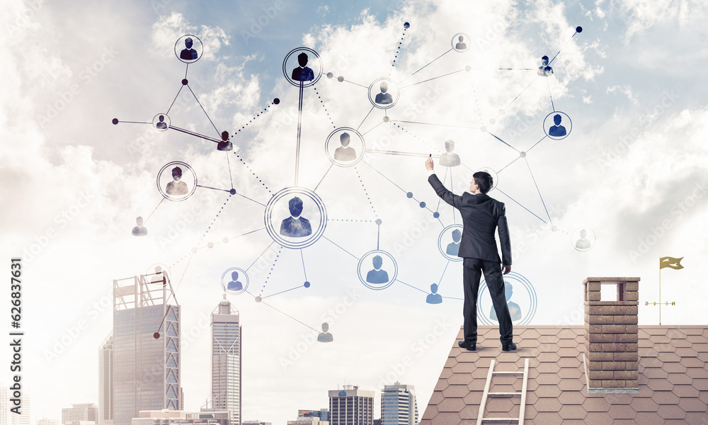 Businessman on house roof presenting networking and connection c Businessman on house roof presenting networking and connection c