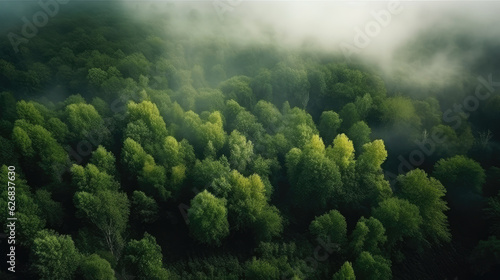 Aerial view of foggy summer morning in the forest. Beautiful landscape.