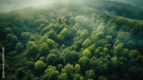 Aerial view of foggy forest in autumn. Top view from drone.