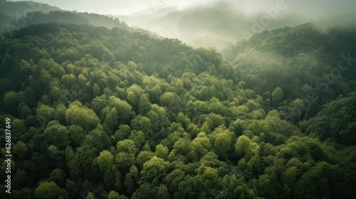 Aerial view of green deciduous trees in dense fog.
