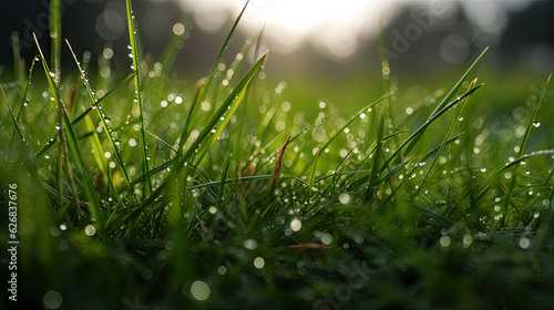 Green grass with dew drops, close up. Natural background.