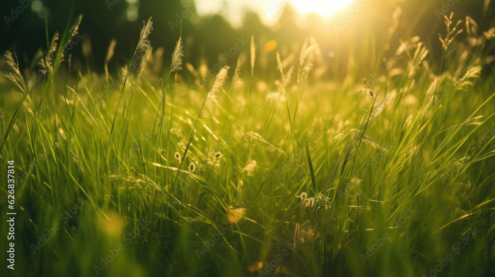Sunset on a meadow with grass and flowers. Soft focus.