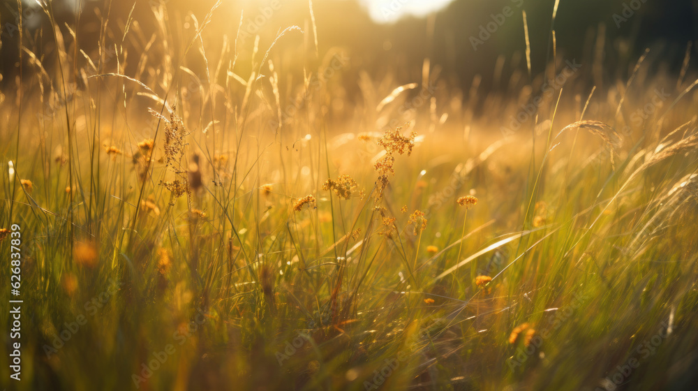 Sunset in the meadow with grass and flowers. Nature background.