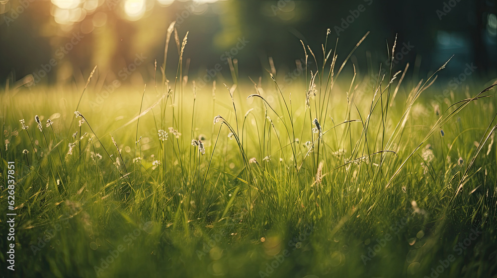 Sunset in the summer meadow with grass and flowers. Shallow depth of field.