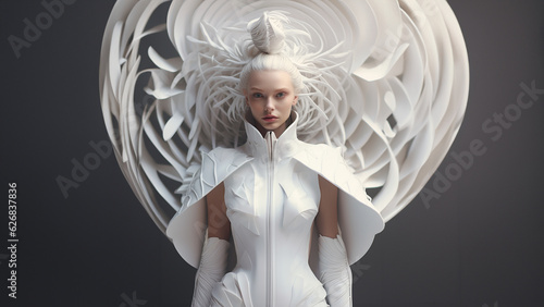 Model Gesicht mit weiß Blonden Haar und futuristischen Designer Outfit Porträt Poster, ai generativ