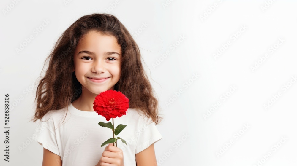 Generative AI image of copy space banner of ba little girl with a flower smiling