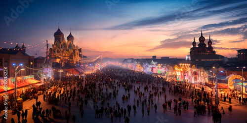 evening city with an incredible panorama of lights and street festivals. Generative AI